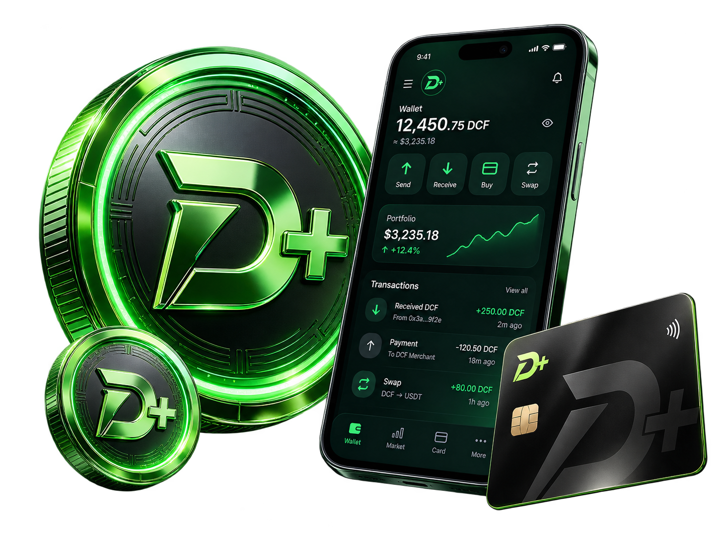 Ilustrasi token, aplikasi, dan kartu DCF