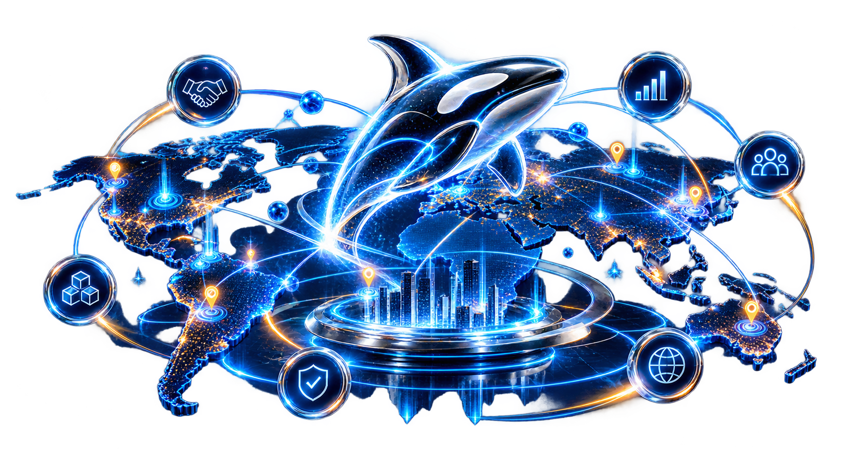 ORCA futuristik di atas air dengan latar kota bercahaya biru