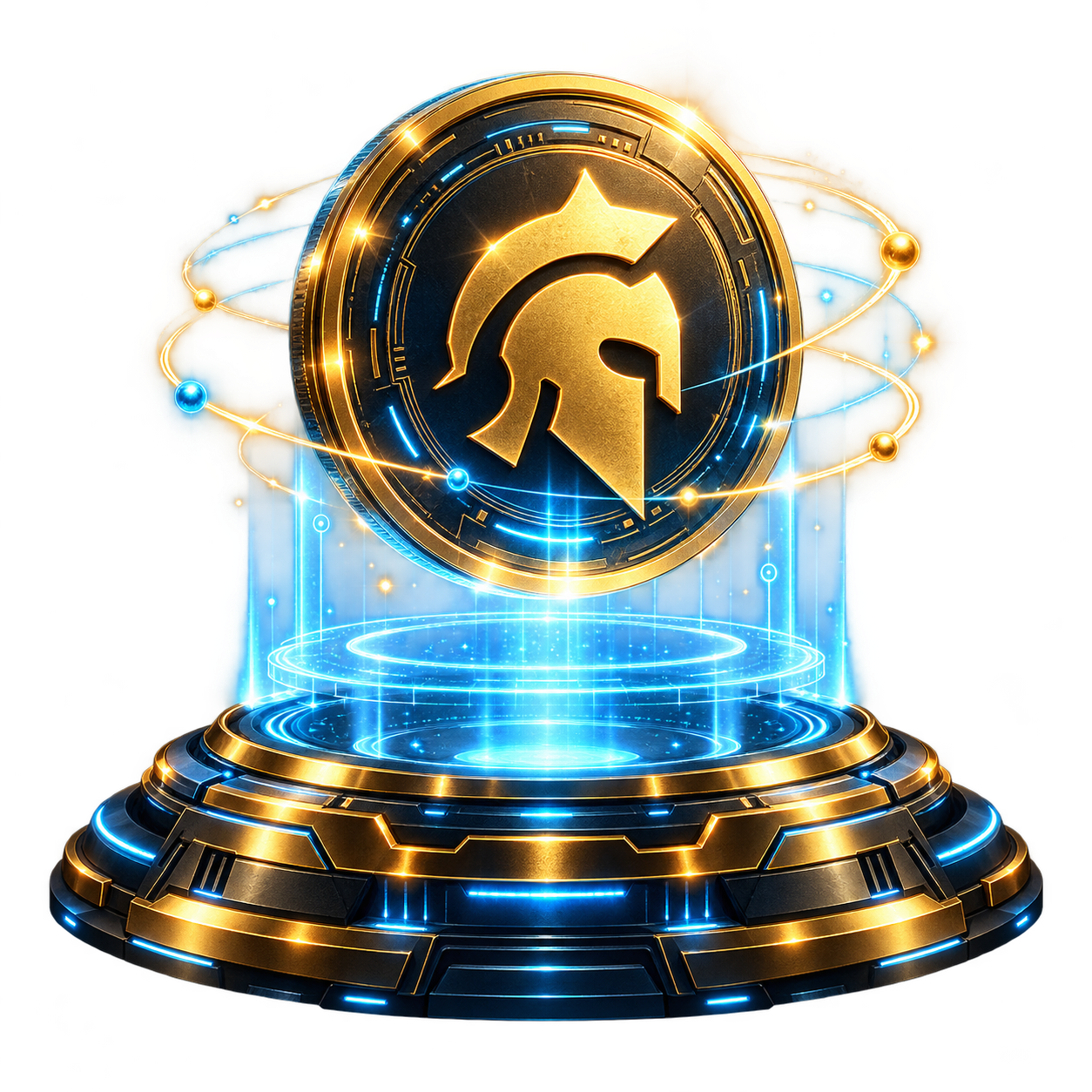 Ilustrasi koin Spartan pada platform holografik