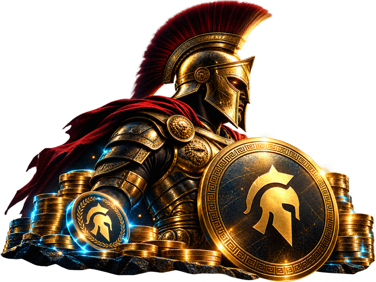 Ilustrasi prajurit Spartan dan koin holografik